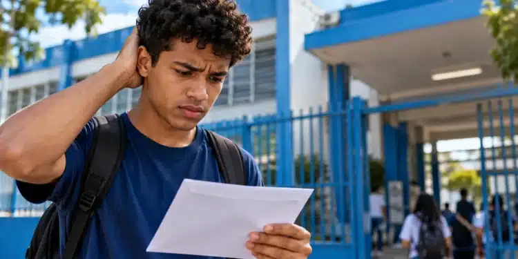 Estudante do Enem 2026 observa documento com preocupação diante de uma escola, representando as dúvidas sobre a possibilidade de alterar o local de prova devido à distância.
