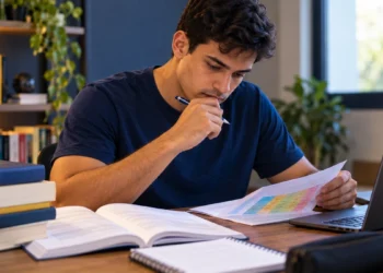 Estudante analisa edital de concurso para definir quais matérias precisam de mais horas de estudo.