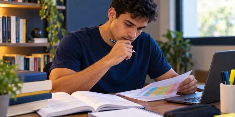 Estudante analisa edital de concurso para definir quais matérias precisam de mais horas de estudo.