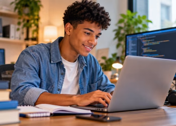 Imagem ilustrativa de jovem de camisa jeans sorrindo enquanto digita no notebook, com livros, caderno e monitores com linhas de código ao fundo, em referência ao primeiro emprego em tecnologia
