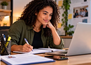 Imagem ilustrativa de jovem fazendo anotações em caderno diante do notebook, com currículo e livros sobre a mesa, em referência à busca pelo primeiro estágio ou emprego