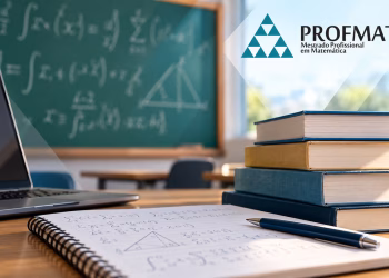 Imagem ilustrativa de mesa de estudos com caderno de cálculos matemáticos, caneta, livros e notebook diante de um quadro com fórmulas, ao lado da logomarca do Profmat, em referência ao Profmat 2027