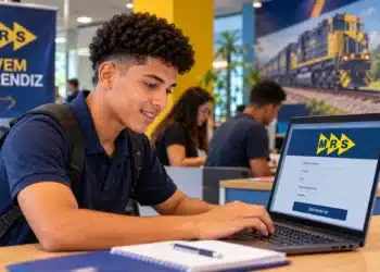 Jovem utilizando notebook com o logotipo da MRS Logística, representando a inscrição no Programa Aprendiz da empresa.