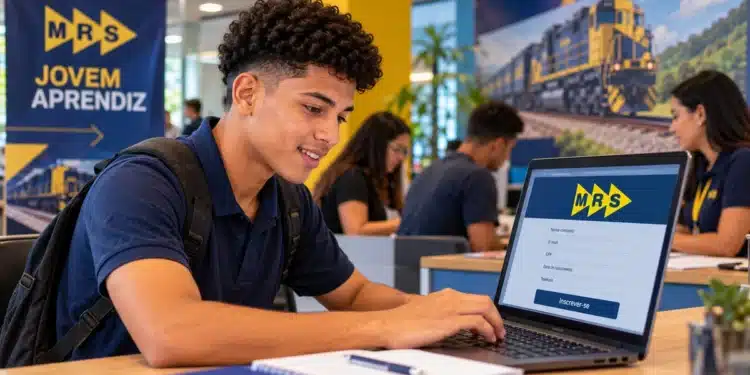 Jovem utilizando notebook com o logotipo da MRS Logística, representando a inscrição no Programa Aprendiz da empresa.