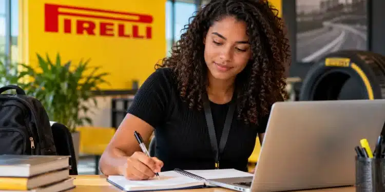 Jovem estudante participa de atividade em ambiente da Pirelli com notebook e caderno