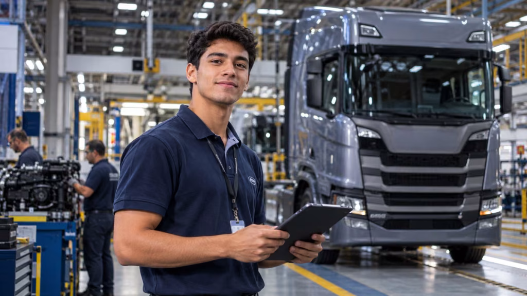 Jovem estagiário em ambiente industrial representa oportunidades do Programa de Estágio Scania 2027.