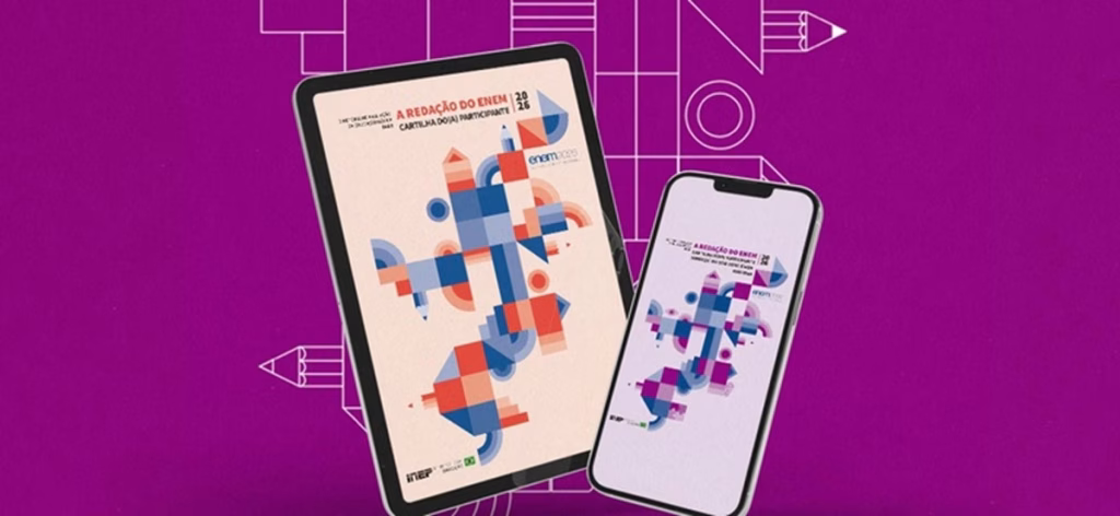 Tablet e celular exibindo a capa da cartilha A Redação do Enem 2026, do Inep, sobre fundo roxo, representando as regras da proposta de intervenção no Enem