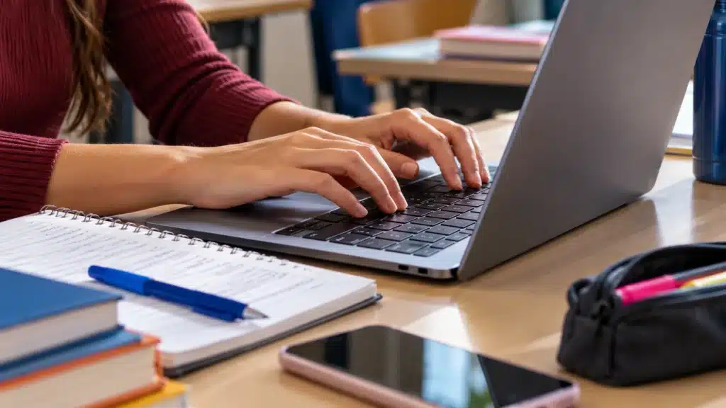Estudante realiza prova online em notebook, representando o processo seletivo de estágio da Prefeitura de Franca, em São Paulo.