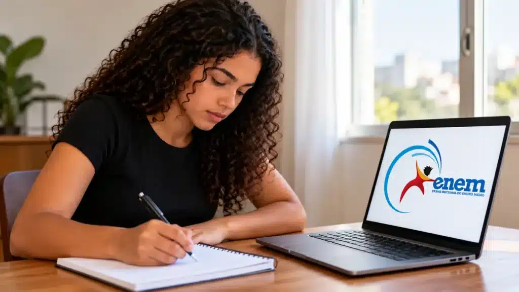 Jovem mulher estudando em casa, escrevendo em caderno com notebook exibindo logo do Enem, simbolizando as principais datas do Enem 2026.