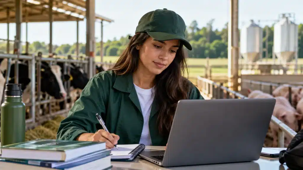 Estudante da área agropecuária utiliza notebook durante atividade em ambiente rural