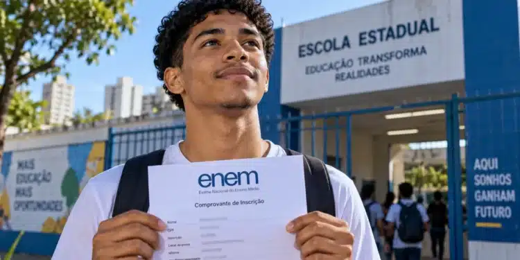 Estudante brasileiro segura comprovante de inscrição do Enem 2026 em frente a uma escola pública, com mochila nas costas.