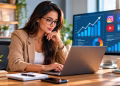 Imagem ilustrativa de profissional usando notebook diante de um monitor com gráficos de desempenho e ícones de redes sociais, representando quanto ganha um profissional de marketing digital