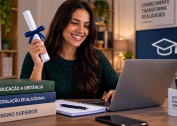 Imagem ilustrativa de mulher sorridente segurando um diploma enrolado com fita azul diante de um notebook, com livros sobre educação a distância e legislação educacional na mesa, em referência à validade do diploma de graduação a distância