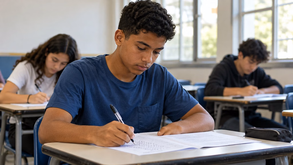 Estudante preenche uma folha de respostas em sala de aula, com colegas ao fundo, representando a participação de treineiros no Enem 2026.