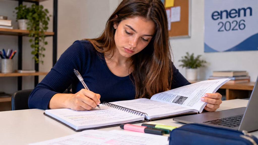Estudante se prepara para questões em bloco do Enem 2026, formato que reúne duas ou mais perguntas a partir de um mesmo texto-base.