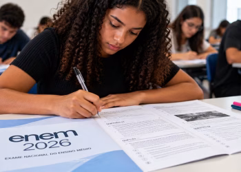 Estudante responde questões em bloco do Enem 2026, formato que reúne vários itens relacionados ao mesmo texto-base durante a prova.