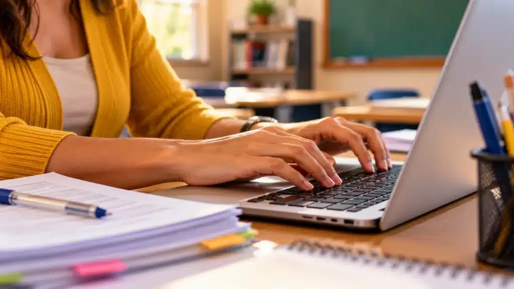 Mãos de professora digitando em um notebook, representando a inscrição online para a seleção de elaboradores e revisores de itens do Enade 2027.