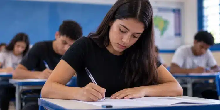 Jovem participante responde prova do Encceja 2026 em sala de aula