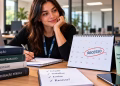 Imagem ilustrativa de estagiária sorridente fazendo anotações ao lado de um calendário com a palavra "Recesso" circulada, representando o recesso do estagiário