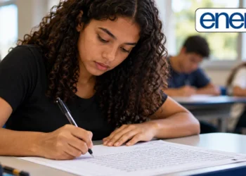 Estudante escrevendo a redação do Enem durante aplicação da prova.