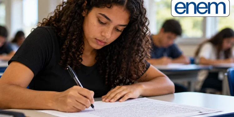 Estudante escrevendo a redação do Enem durante aplicação da prova.