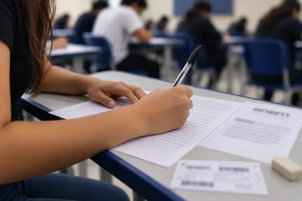 Estudante escreve uma redação durante uma prova em sala de aula, com outros candidatos ao fundo, representando a preparação de argumentos para redação sobre a importância do voto no Enem.