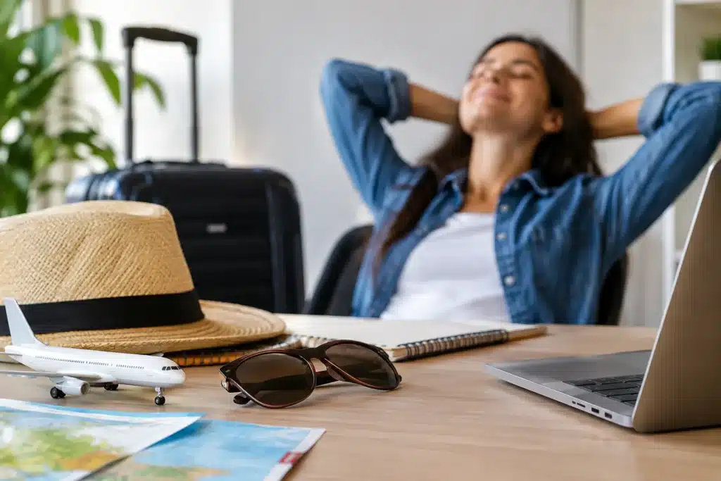Jovem descansando em ambiente com mala de viagem, chapéu e notebook, representando o direito ao recesso dos estagiários.