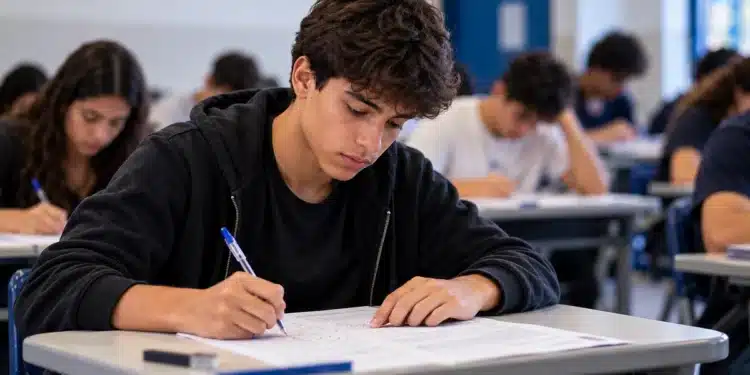 Estudante concentrado respondendo questões em sala de aula durante prova, ilustrando a participação de treineiros na primeira fase da Unicamp 2027.