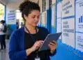 Gestora escolar consultando dados educacionais em tablet, representando a consulta aos relatórios do Ideb 2025 por município.