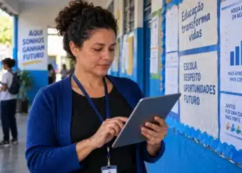 Gestora escolar consultando dados educacionais em tablet, representando a consulta aos relatórios do Ideb 2025 por município.