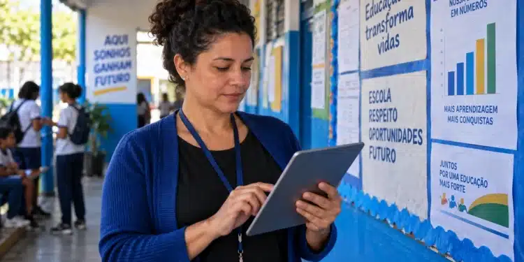 Gestora escolar consultando dados educacionais em tablet, representando a consulta aos relatórios do Ideb 2025 por município.