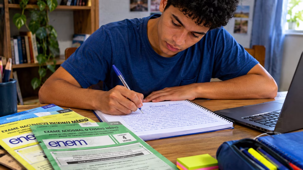 Imagem ilustrativa de rapaz escrevendo em caderno ao lado de materiais de estudo, em referência aos requisitos do certificado de conclusão do ensino médio