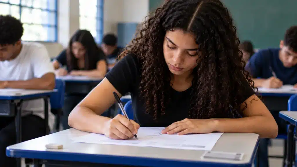 Estudante realiza prova em sala de aula, representando os critérios de participação e as notas mínimas exigidas para o Sisu 2027.