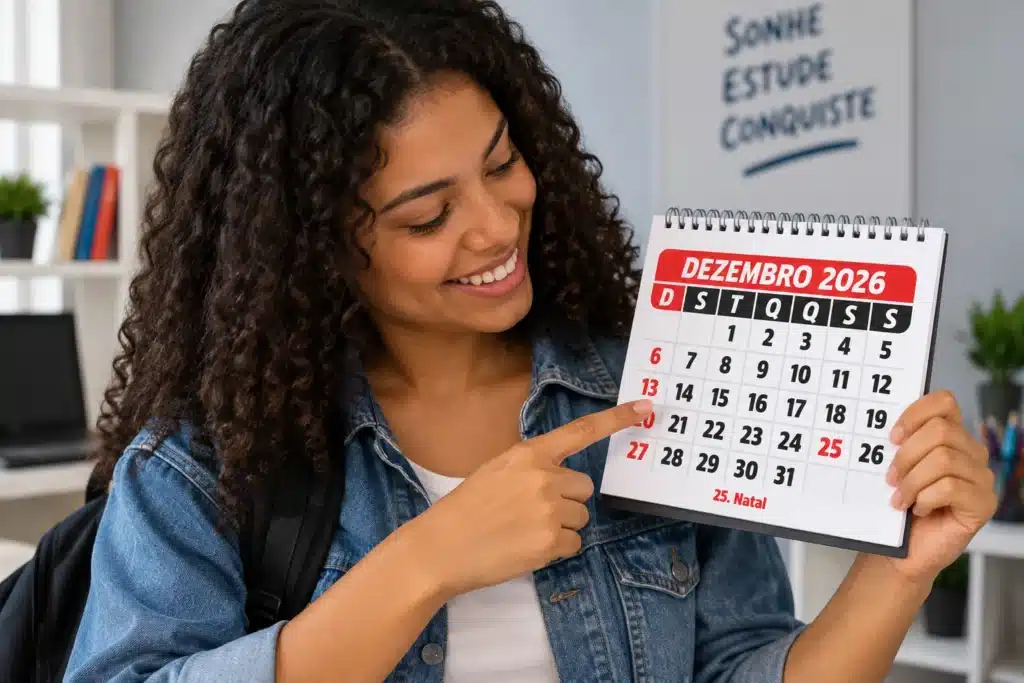 Estudante segura calendário de dezembro de 2026 para representar a divulgação do resultado do Encceja