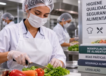 Imagem ilustrativa de manipuladora de alimentos com touca, máscara e luvas cortando alface numa cozinha industrial, ao lado de livros de boas práticas, representando o salário de manipulador de alimentos e a qualificação na área