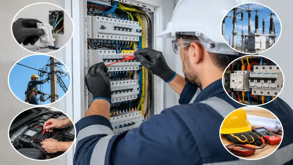Eletricista com equipamentos de proteção trabalha em quadro elétrico, com imagens de instalações prediais, redes de energia e manutenção automotiva.