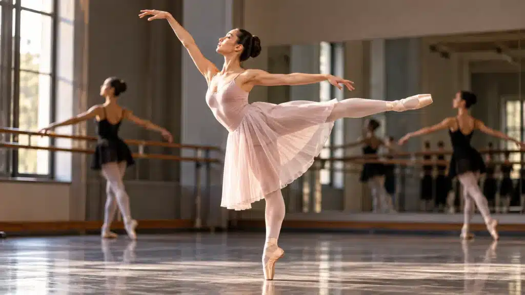 Bailarina executa movimento de balé clássico com uma perna elevada e braços estendidos em estúdio de dança.