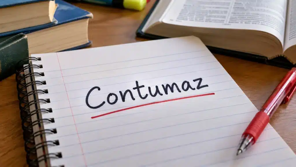 Palavra contumaz escrita em caderno, representando seu significado, origem e uso jurídico