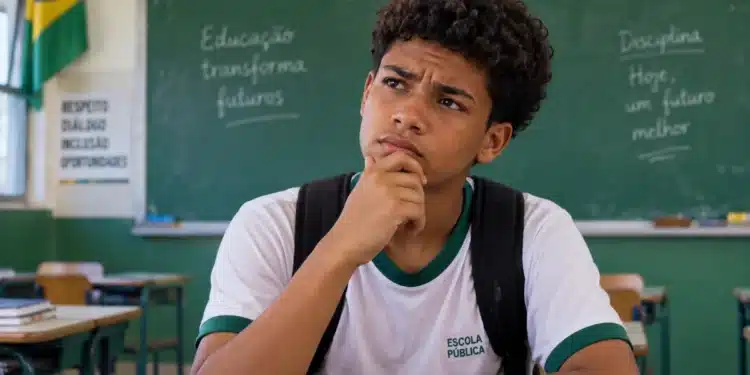 Estudante de escola pública com expressão pensativa e mão apoiada no queixo, em sala de aula, ilustrando dúvidas sobre o pagamento do Pé-de-Meia.