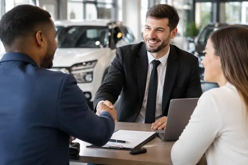 Vendedor de concessionária aperta a mão de um cliente durante negociação de veículo, enquanto uma mulher acompanha o atendimento.