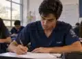 Estudantes de medicina com uniformes azuis realizam prova escrita em sala de aula, representando as avaliações do Enamed.