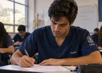 Estudantes de medicina com uniformes azuis realizam prova escrita em sala de aula, representando as avaliações do Enamed.