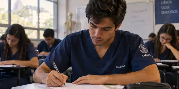 Estudantes de medicina com uniformes azuis realizam prova escrita em sala de aula, representando as avaliações do Enamed.