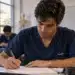 Estudantes de medicina com uniformes azuis realizam prova escrita em sala de aula, representando as avaliações do Enamed.
