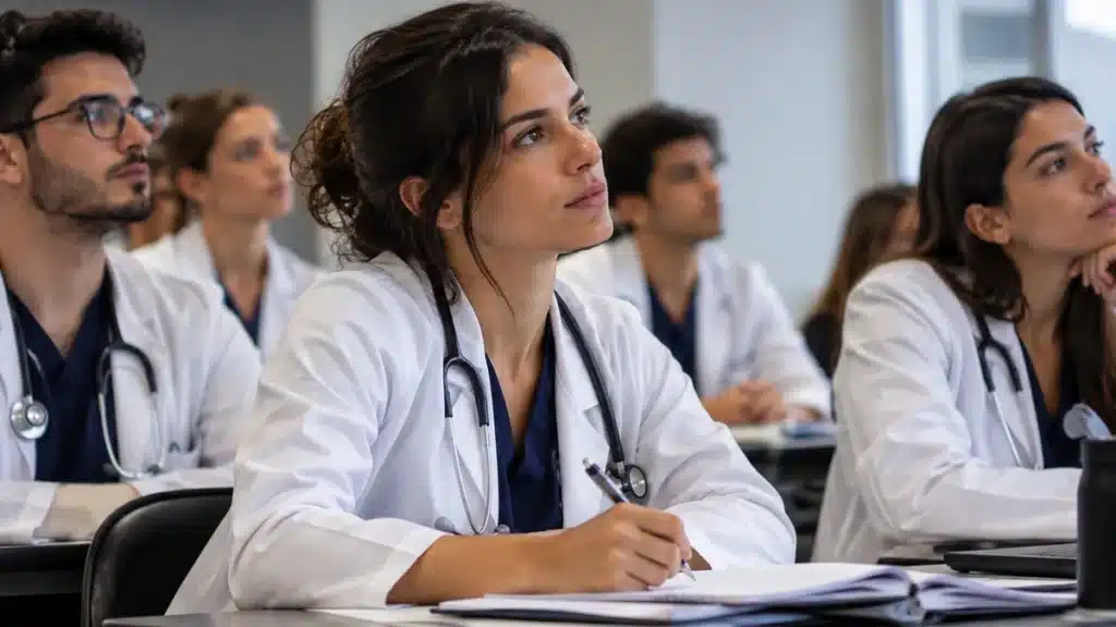 Estudantes de Medicina usando jalecos brancos e estetoscópios durante aula universitária, com aluna fazendo anotações em primeiro plano.
