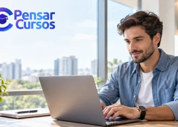 Homem utiliza um notebook em escritório moderno, com o logotipo do Pensar Cursos no canto superior esquerdo.