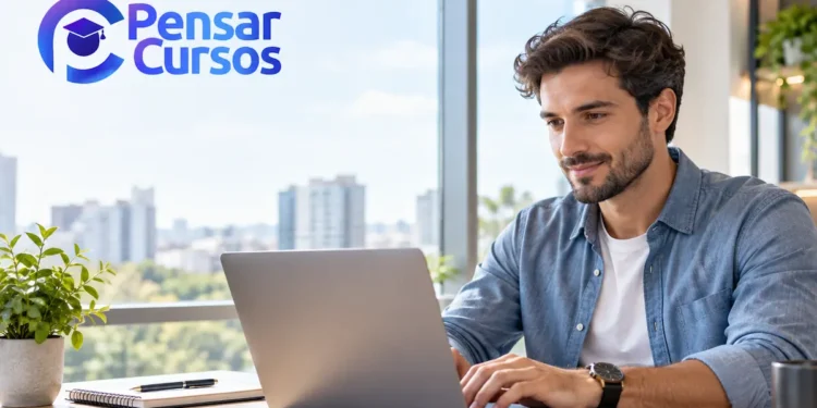 Homem utiliza um notebook em escritório moderno, com o logotipo do Pensar Cursos no canto superior esquerdo.