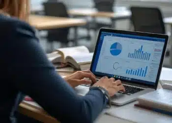 Mulher estuda análise de dados com IA em notebook com gráficos e painéis na tela