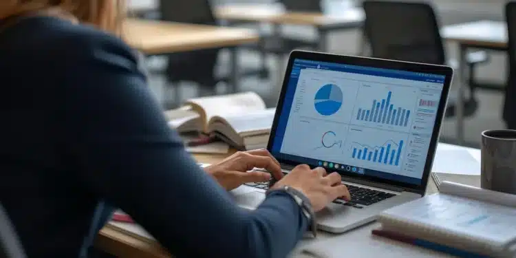 Mulher analisa gráficos e planilhas no notebook, tarefa ensinada na Trilha Analista Financeiro com Power BI