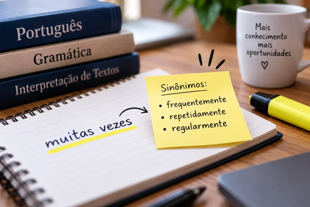 Bloco de notas destaca "muitas vezes" com post-it mostrando sinônimos e livros de português ao fundo, explicando como usar a expressão.